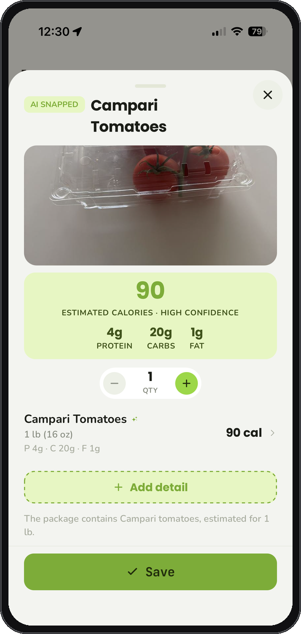 Snap result showing Campari tomatoes at 90 calories, high confidence, with a per-item breakdown you can correct